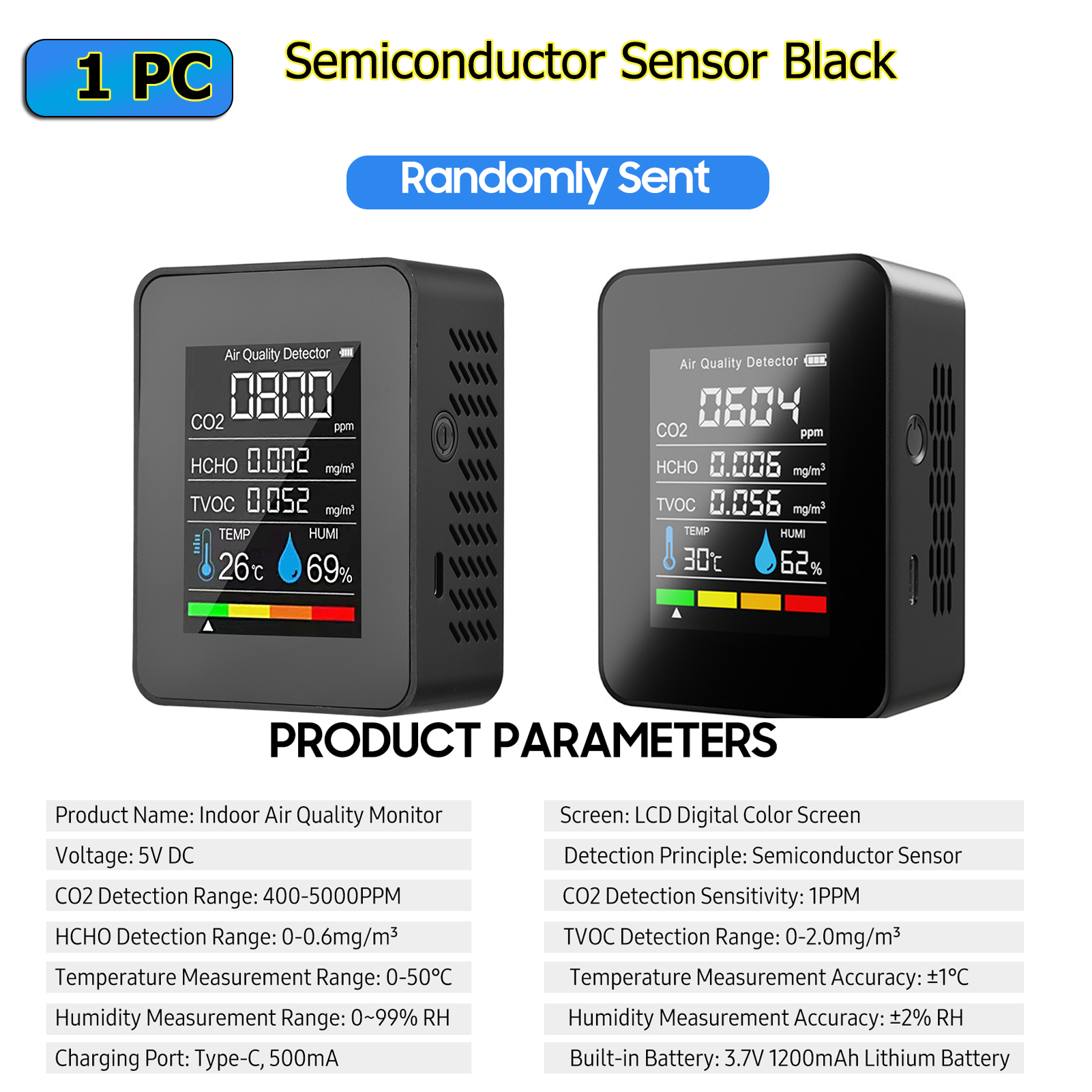 CO2 Meter 5in1 Formaldehyde HCHO TVOC Tester Co2 Sensor Air Monitor Indoor CO2 Detector LCD Temperature Humidity Tester: 5in1 B Semiconductor