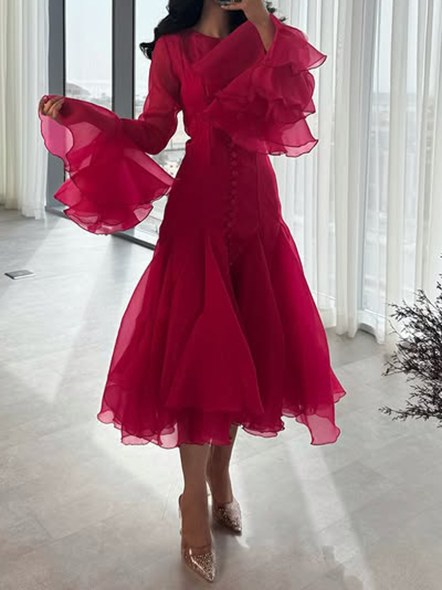 VGH Solide Abnehmen Verstärktes Geschmack Kleider Für Frauen Rundhals aufflackern Hülse Hohe Taille Drapierte Saum Temperament Kleid Weibliche Neue: XL / verrotten