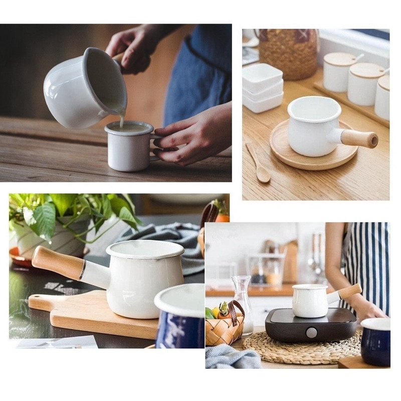 Emaille Melk Pan, Mini Boter Warmer 10cm Enamelware Steelpan Pan Kookgerei met Houten Handvat, perfecte Maat voor Verwarming Kleiner L