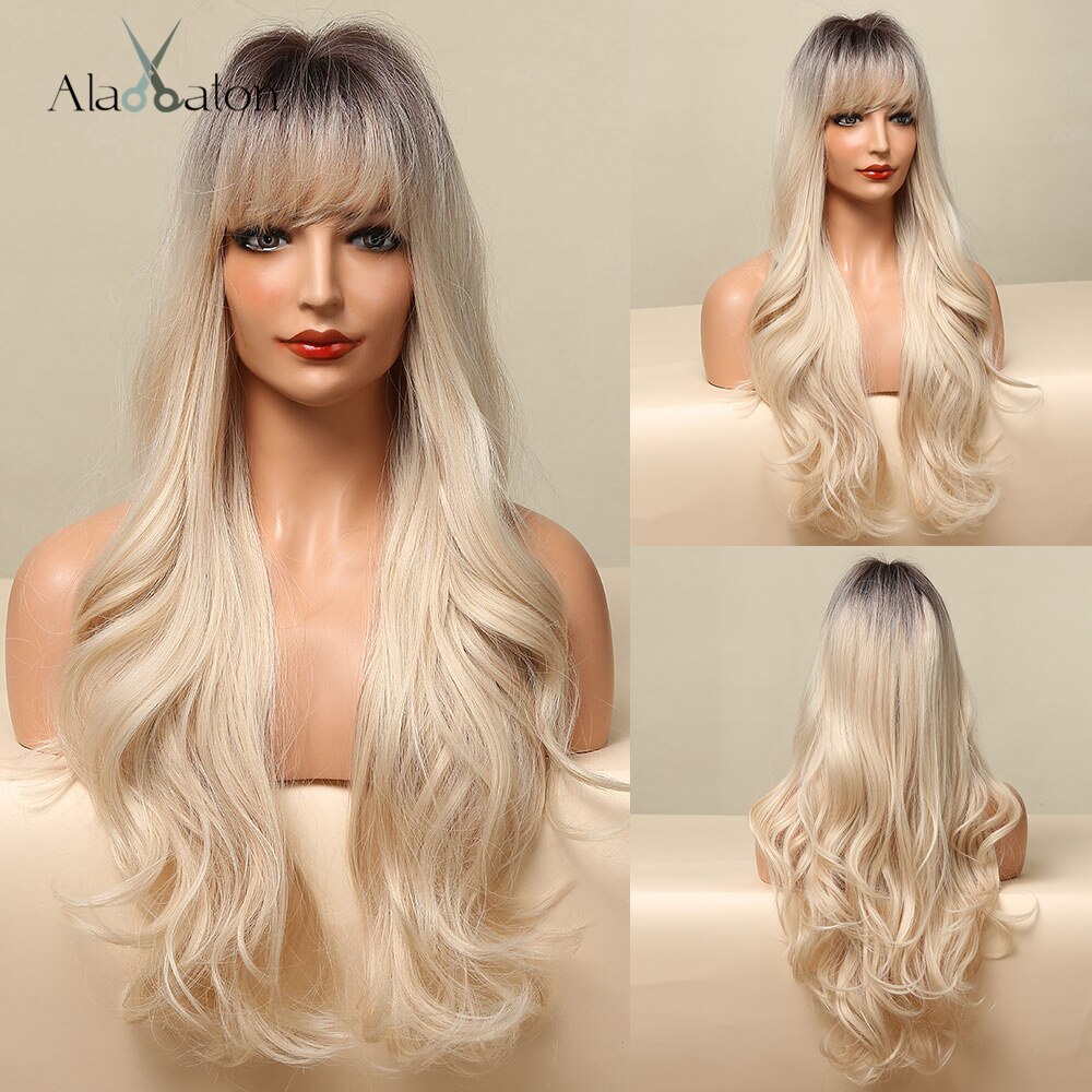 ALAN EATON Ombre Black Brown Long Wave Synthetic Wigs with Full Bangs For Black Women Heat Resistant Fibre Cosplay Party Daily: lc5309-1