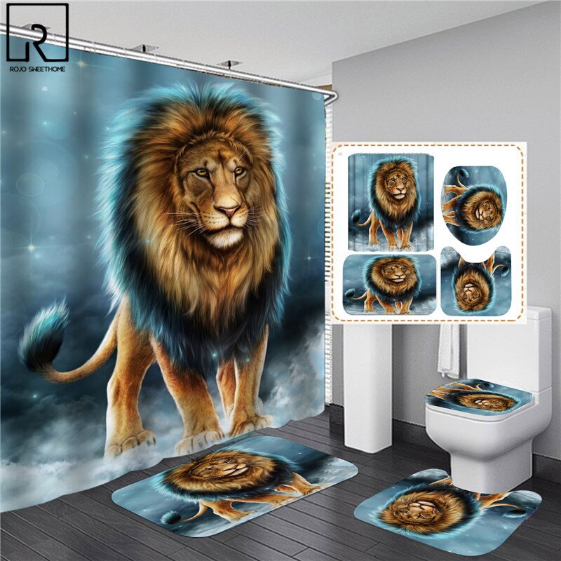 Animal Print Black Shower Curtains Lion Tiger 3D Bathroom Curtain Set Anti-slip Bath Mat Soft Toilet Lid Cover Home Rugs Carpets