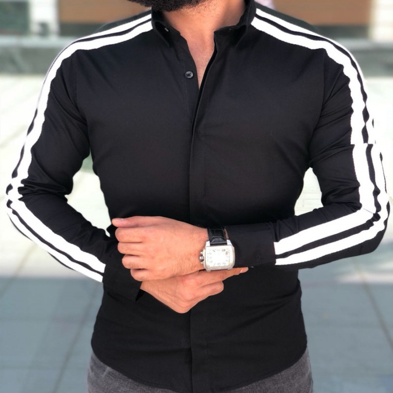 Long Sleeve Mens Shirts Button Up Business Work Smart Formal Plain Dress Top Casual Slim Fit Men Men's Clothing: Black / XL