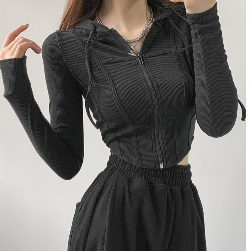 Lente Herfst Casual Mode Effen Eenvoudige Korte Hoodies Dames Lange Mouwen Slim All-Match Rits Sweatshirt Vrouwen Vest Top: S / Black