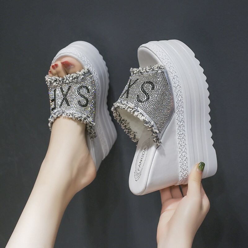 Platform Rhinestone Sandals Slippers Women Beach Slides Women Wedge Platform Slippers Summer Beach Slippers Open Toe Heels