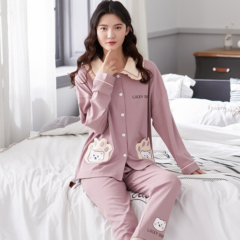 Pijama sencillo de algodón gris para hombre y mujer, ropa de dormir cómoda y suelta con cuello redondo y manga larga para Otoño e Invierno: women / L