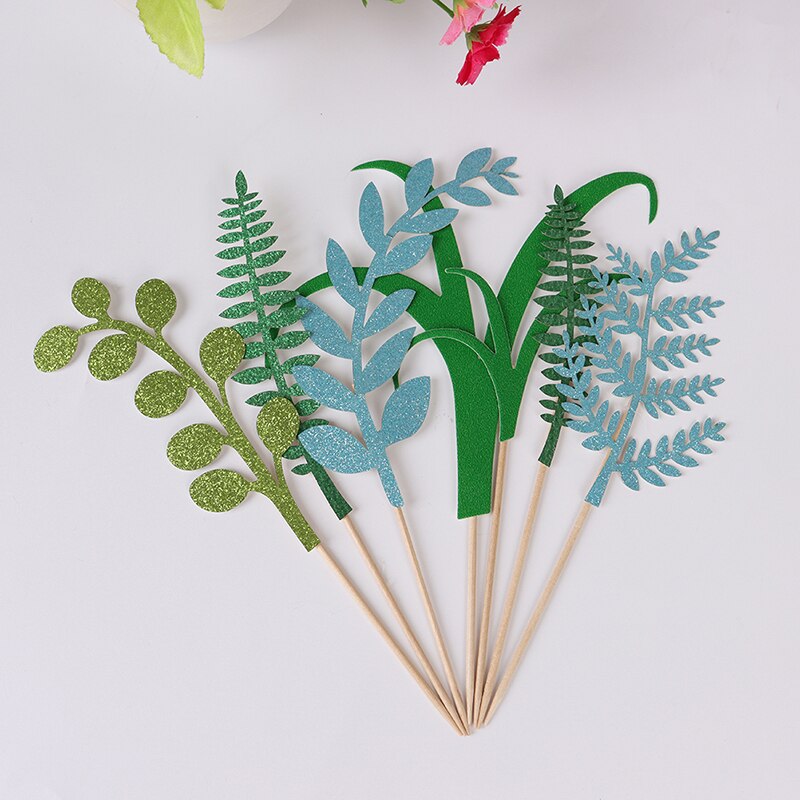 7 kpl/setti viidakko trooppinen juhla vihreä lehti kakku kakkukuva kakku koriste huopa lehdet cupcake toppers syntymäpäiväjuhlat vauvan suihku kakku koristelu