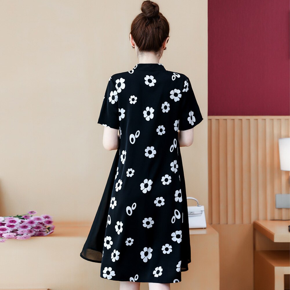 Vestido negro de talla grande para mujer, vestido de verano chino Cheongsam Qipao, vestido Swing de manga corta, vestidos de ropa tradicional china