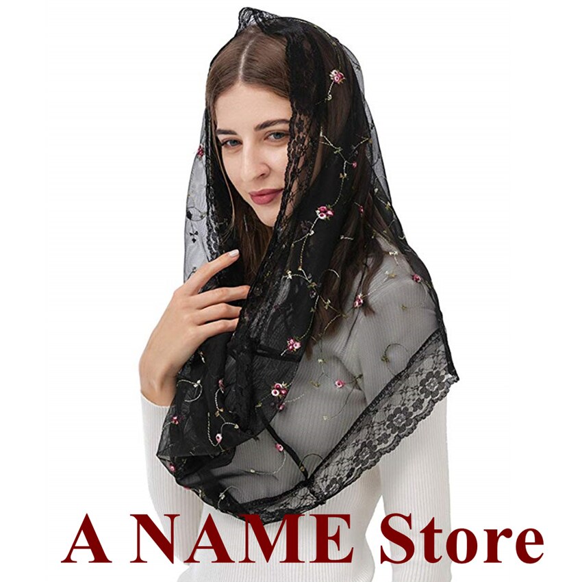 Mantilla – Voile gothique pour église, couvre-chef Rond, pour chapelle de masse latine, Voile noir, dentelle florale brodée