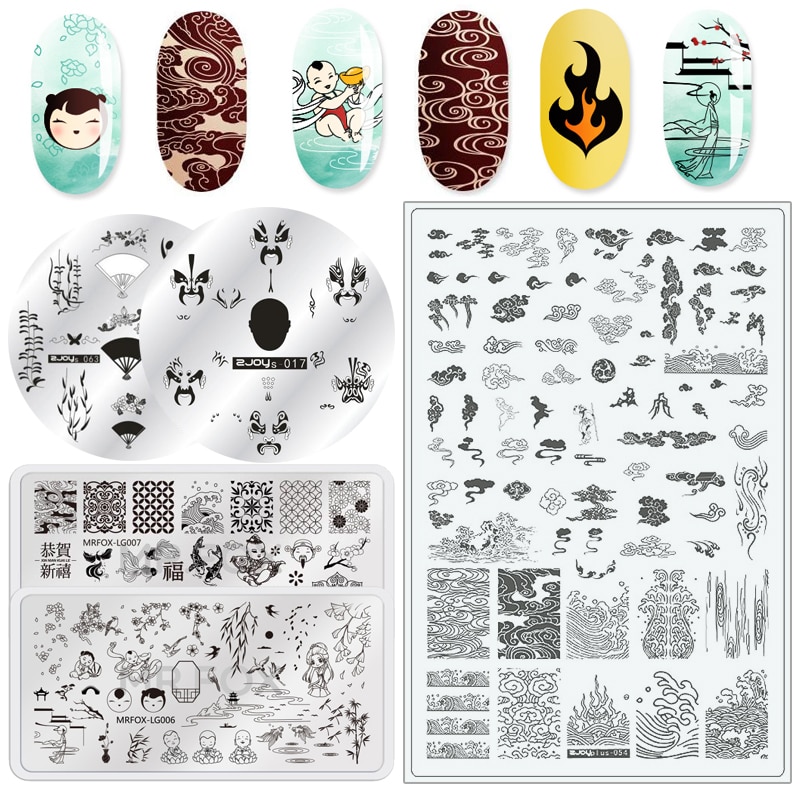 Placas de estampación de uñas de estilo chino Flame Lucky Clould imagen plantilla para decoración de uñas sello Acero inoxidable Nail Art Print Tools