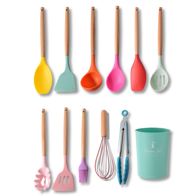 12/11PCS White Silicone Kitchenware Cooking Utensils Set Heat resistant Non-Stick Pan Cooking Spatula Spoon Wooden Handle: Colorful 1
