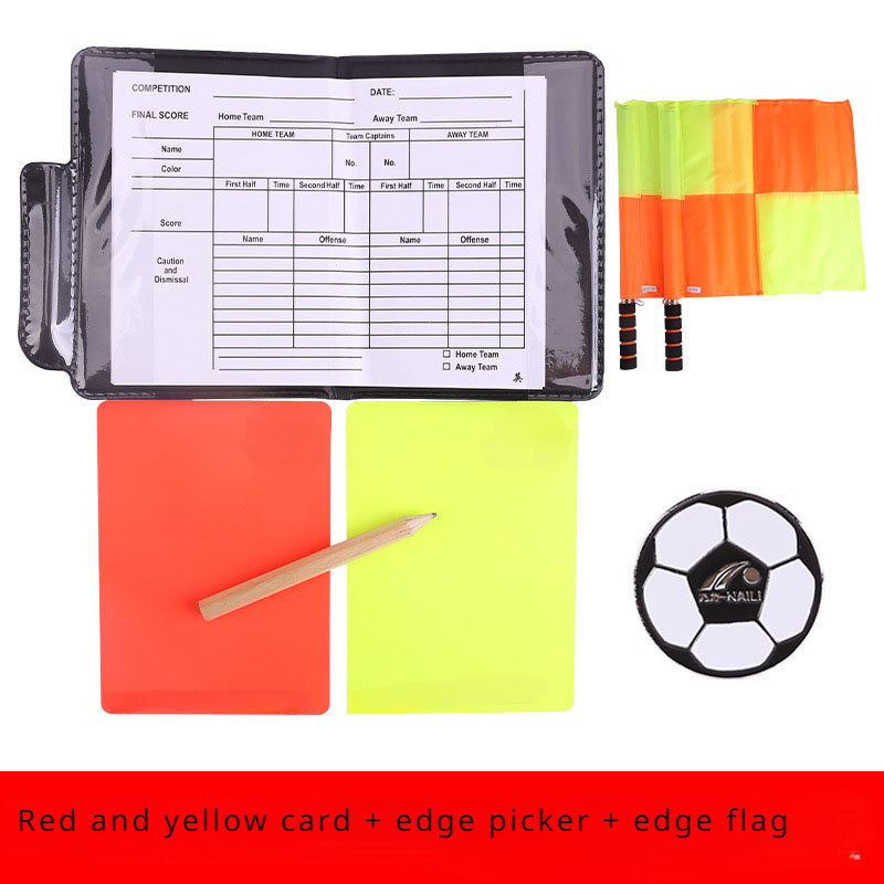 Jeu de cartes d'arbitre de football, drapeau de patrouille d'arbitre, carte rouge et jaune avec crayon, carte d'avertissement de football et cueilleur de bord