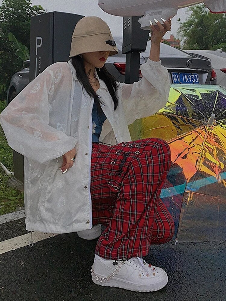 Houzhou punk kedja cargo byxor kvinnor harajuku goth pläd rutiga byxor kvinnlig streetwear estetisk hip hop egirl grunge emo