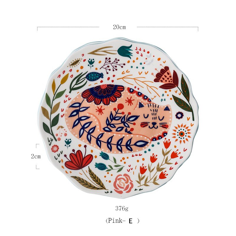 Plat de couleur en céramique dessin animé | Assiette ronde de couleur, style japonais peint à la main, chat chanceux, personnalité, vaisselle créative pour la maison, vaisselle nordique: Pink-E