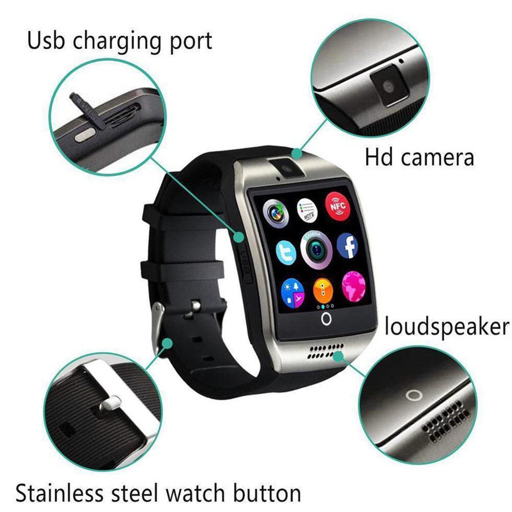 Q18 Bluetooth accorto guarda con fotocamera Facebook Whatsapp twitter sincronizzare SMS Smartwatch supporto SIM TF carta per IOS androide