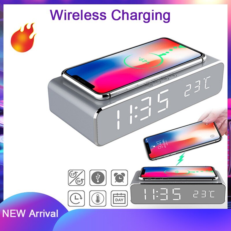 Led sähköinen herätyskello digitaalinen lämpömittari päivämääränäyttö herätyskello qi langattomalla puhelimen laturilla iphone xiaomi huawei