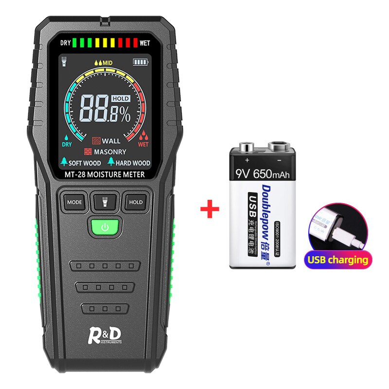 R&amp;D MT28 Inductive Wood Moisture Meter Digital Electrical Tester Measuring tool LCD Display Ectromagnetic Wave Timber Hygrometer: STYLE 2 with battery