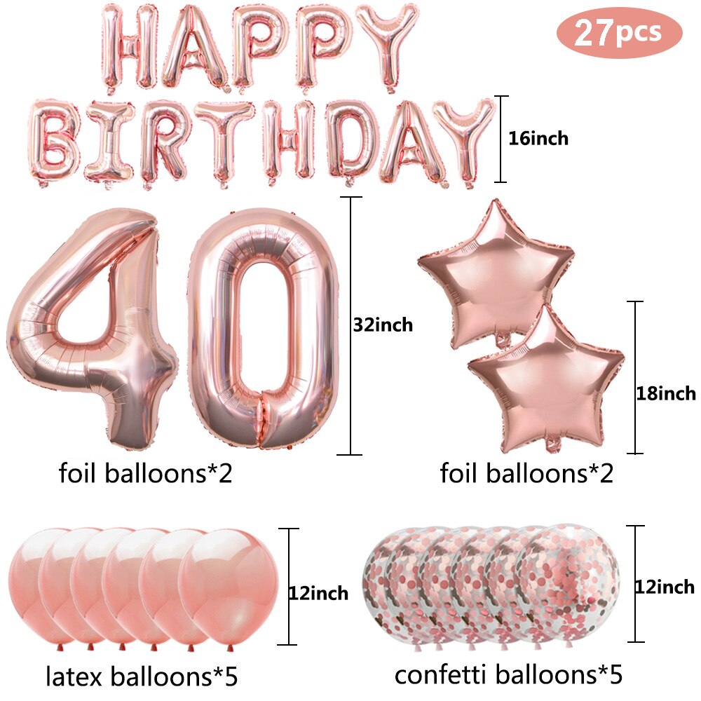 1Set Rose Gold 40th Birthday Party Decoration Happy Birthday Banner Helium Number Balloon 40T Anniversary Adult Party Decoration: Default Title