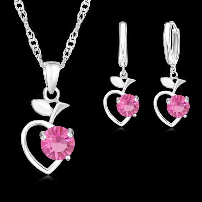 Summer Specials 925 Sterling Silver Jewelry Set Green White Pink Fruit Pendant Necklace/Hoop Earrings/Chain for Wedding: Pink