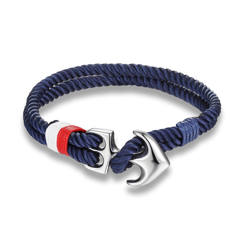 YIZIZAI Hoop Anker Armband Rvs Marineblauw Mannen Vrouwen Nautische Survival Touw Ketting Armband Zomer Stijl: Navy blue