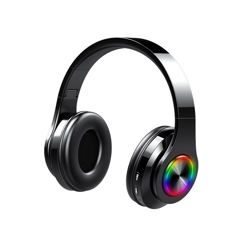 Draadloze bluetooth-headset voor telefoon, bluetooth-koptelefoon 5.0 met led-licht, bas, stereo voor pc, mobiele telefoon: Zwart