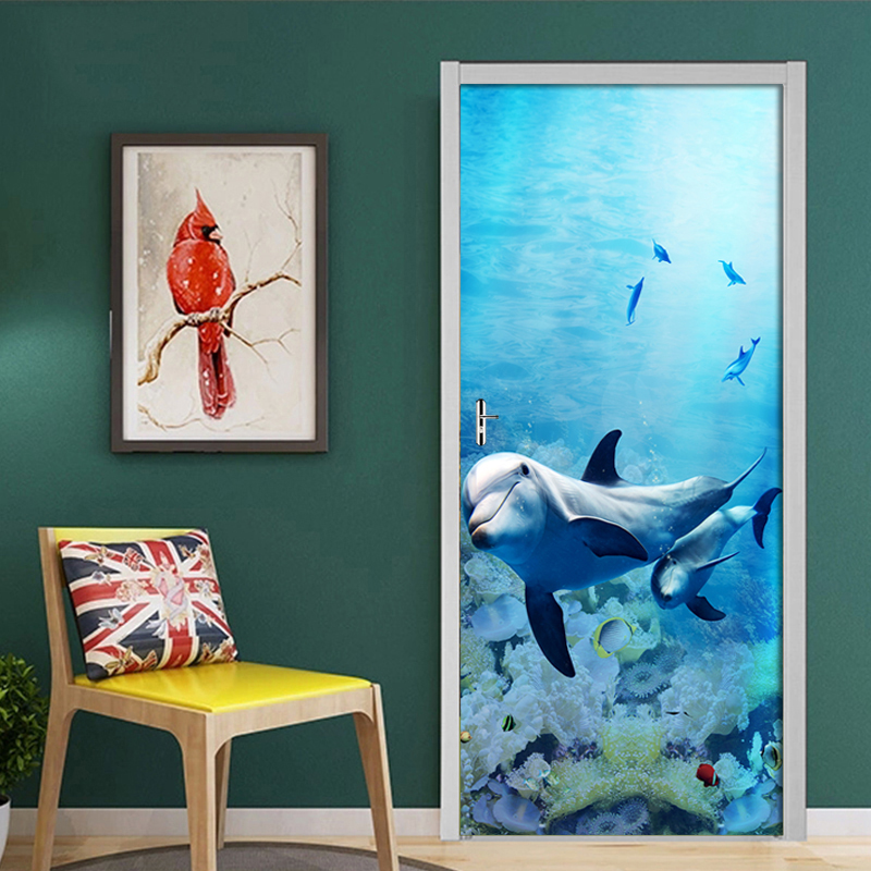 Dolphin adesivo de parede 3d 2 pçs/set, adesivo de parede azul marinho, à prova d'água, decalque de parede para casa e porta decalques em forma de