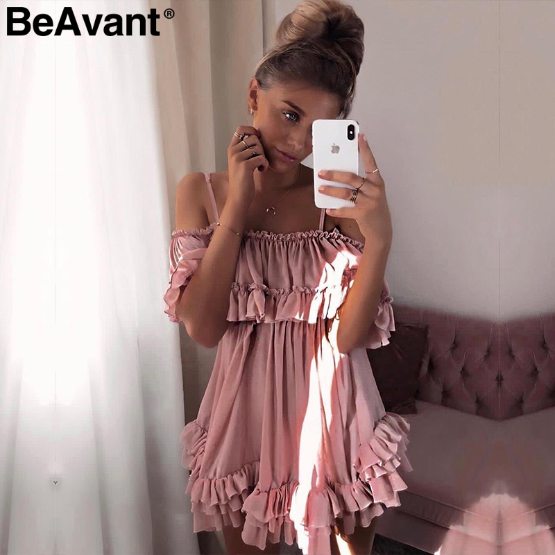 Beavant off shoulder rem chiffon sommerkjoler kvinder flæser plisseret kort kjole pink løs strand minikjole