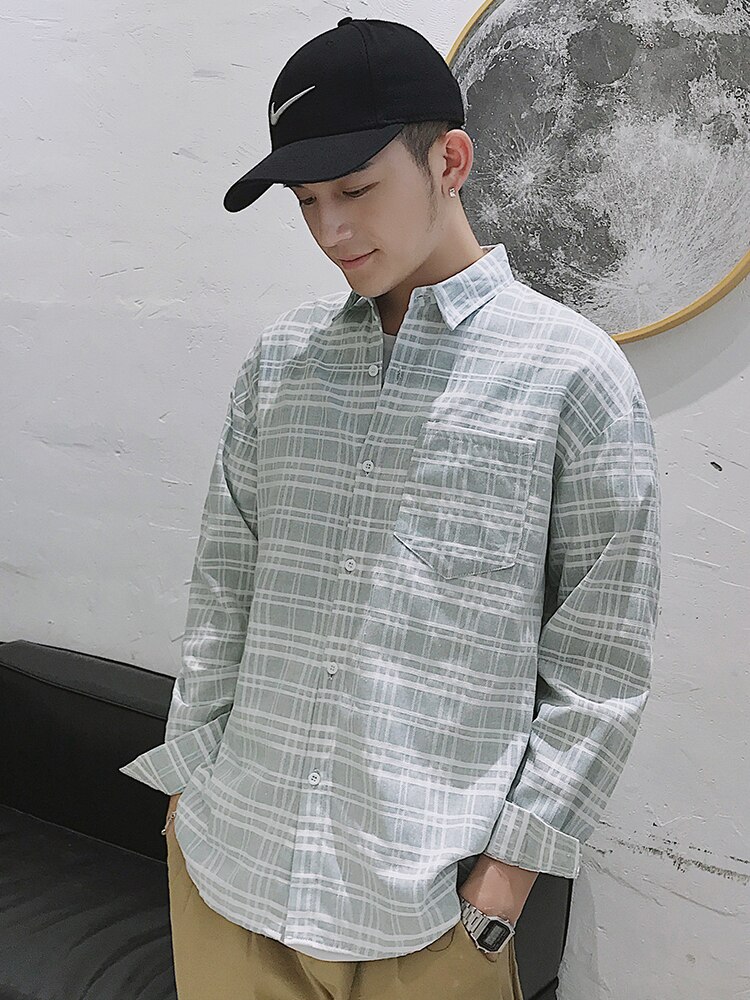 Checker shirt langærmet koreansk chao brand afslappet fritid baitao port wind japansk retro herre bf shirt
