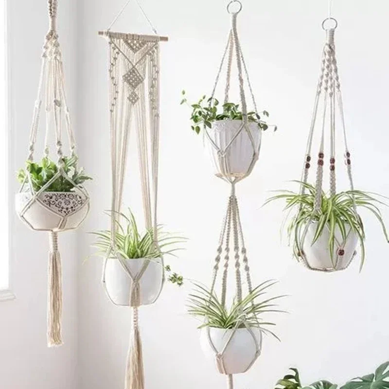 Panier suspendu pour plantes vertes de jardinage, corde en coton, Pot de fleur, macramé fait à la main, support mural de poche, style Boho, décoration de maison pour cour