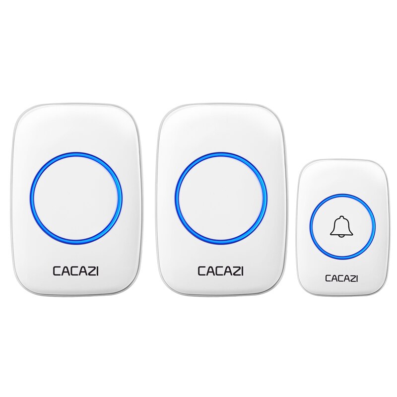CACAZI 5 levels 36 Chimes 110DB 300M Remote Wireless Doorbell Waterproof LED Light Door Bell Battery powered Smart Door Bell: white 1TR x 2RE