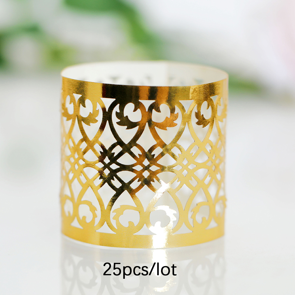 25Pcs Napkin Ring Hollow Pattern Gold and Silver Napkin Ring Wedding Party Table Decoration Kitchen Supplies Wedding Decoration: Gold