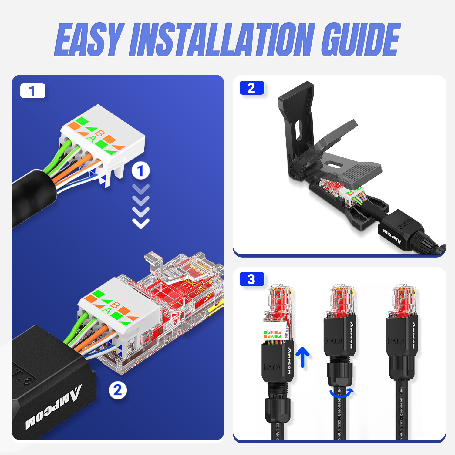 AMPCOM Werkzeugfreier RJ45-Stecker, kein Crimpwerkzeug weniger UTP 1000 Mbit/s Katze6/Katze6A Modularstecker für verseiltes fest-LAN-Ethernet-Kabel