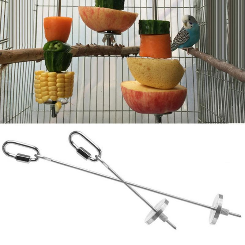 Fågel papegoja bur rostfritt stål mat matare gaffel pinne spett mat kött pinne spjut frukt hållare leksak fåglar matningsverktyg
