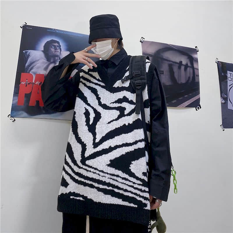 Streetwear punk gilet femmes hommes topsTrend ins hip-hop rue noir et blanc motif zèbre sans manches tricoté gilet pull gilet: L