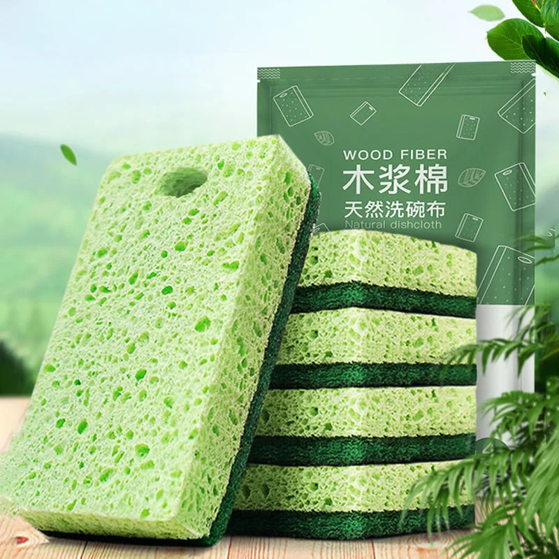 2/5pc Wood Pulp Dishwashing Sponge Double-Side Pot Dish Cleaning Sponge Absorbing Scouring Pad Household Cleaning Tools: green