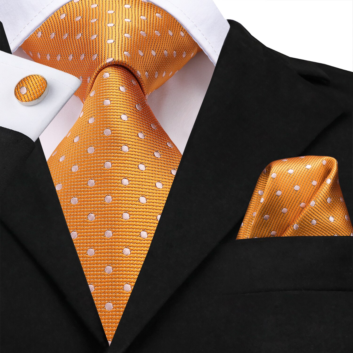Hi-tie mænd slips silke slips business guld slips og lommetørklæde manchetknapper sæt jakkesæt bryllupsfest gul mænd slips sæt: Sn -3195
