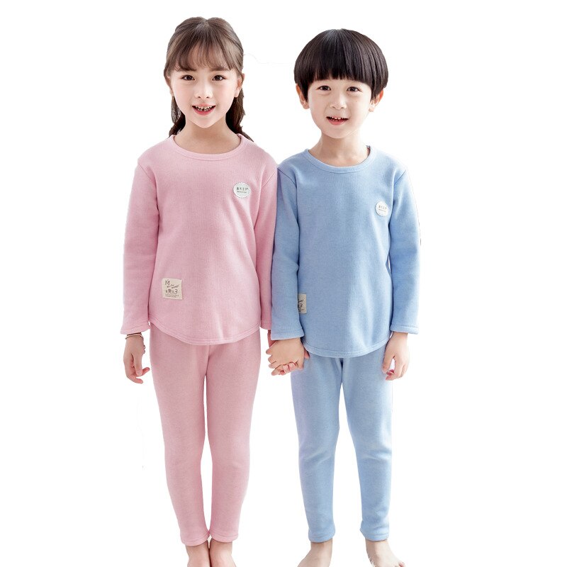 Winter Effen Kleur Katoen Kinderen Pyjama Sets Warm Baby Meisjes Jongens Kleding Jongen Meisje Plus Fluwelen Dikke Kids Nachtkleding