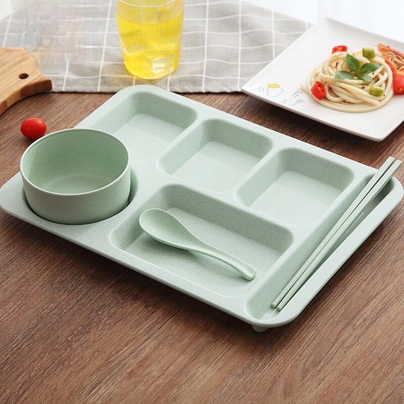 Assiette incassable en plastique, paille de blé, compartiment en plastique, cantine ménage, service de couverts, accessoires de cuisine, service de vaisselle: green