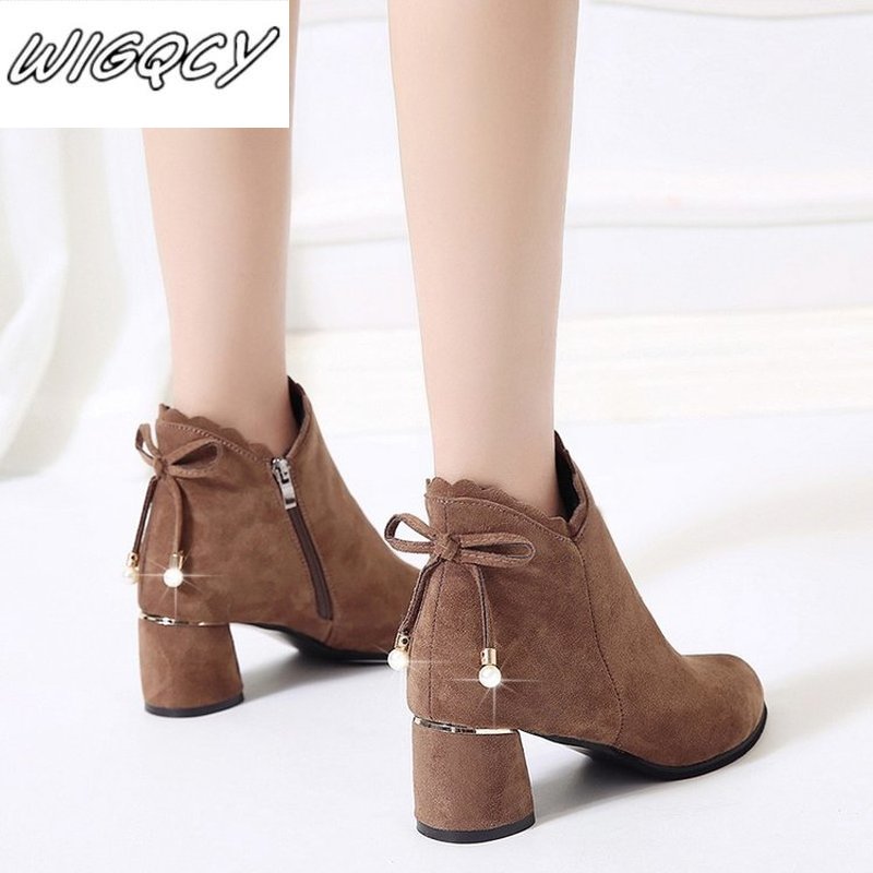Bottes Martin à talons hauts en dentelle épaisse et pointue pour femme, style d'hiver