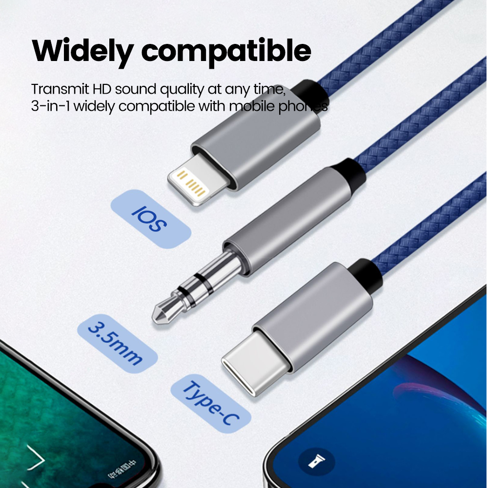 3 in 1 Type C 3,5 mm Jack Aux-kabel naar IOS-audiokabeladapter voor iPhone iPad Autoluidspreker Man-Man USB-C-converterkabel