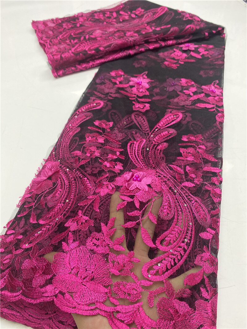 African Beaded Lace Fabric 3D Tulle Lace Material French Nigerian Lace Fabrics For Wedding Sewing YA3631B-4