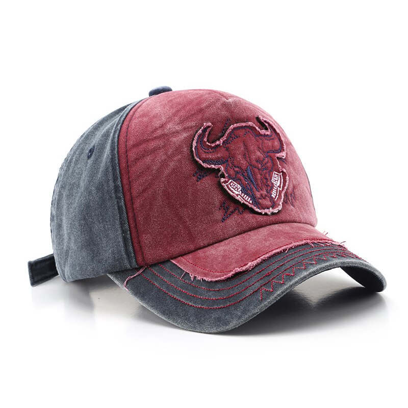 Casquette de Baseball avec tête de taureau brodée pour hommes et femmes, chapeau rétro de rue américaine, en coton délavé, pour papa, pour l&#39;extérieur, Hip Hop, à rabat, pour le soleil: Red