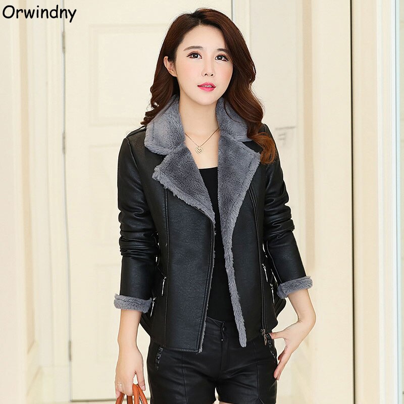 Orwindny Autumn Winter Thick Warm Fur Leather Coat Women Plus Size 5XL Leather Clothing Outerwear Female Suede Turn-down Collar