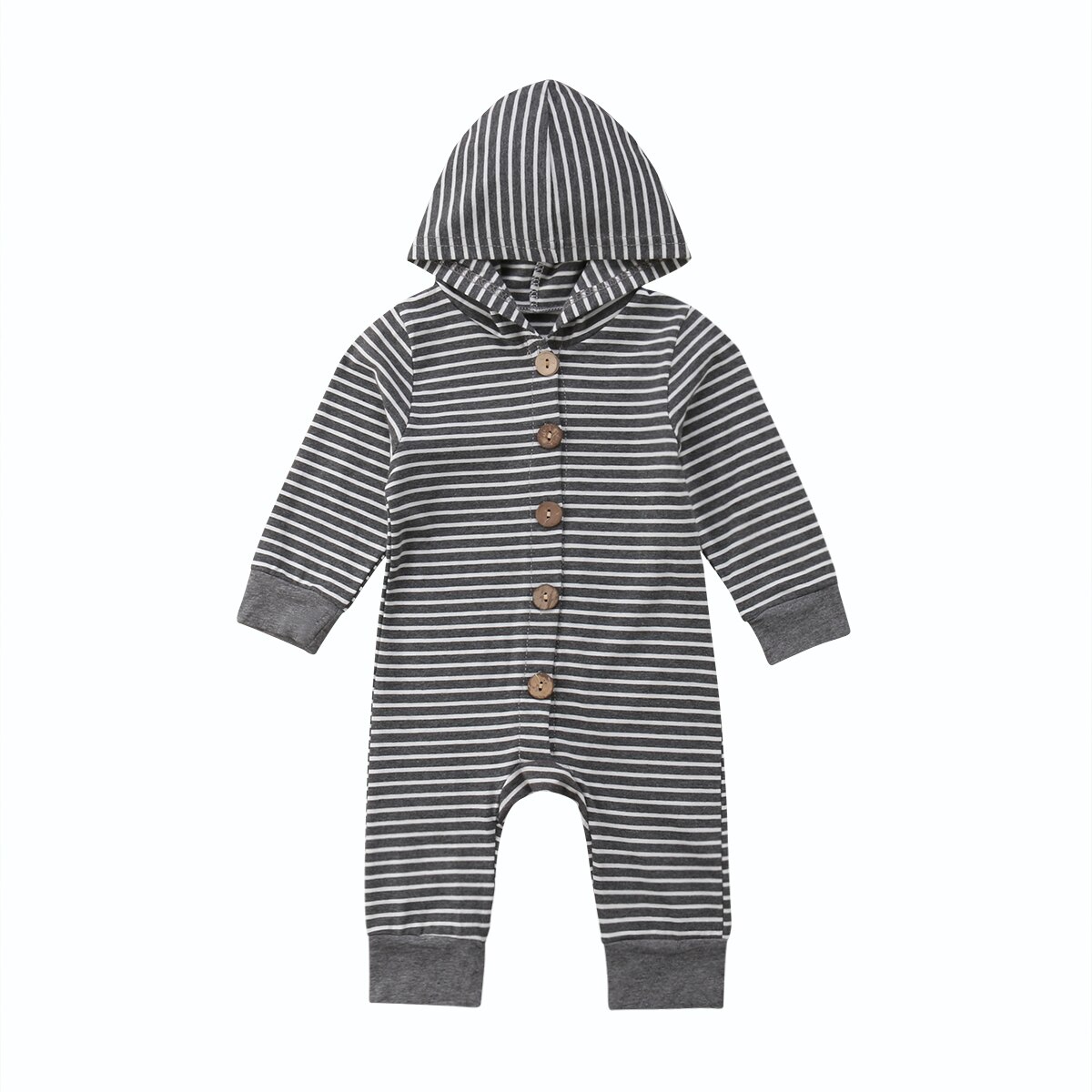 Autumn Winter Causal JumpsuitsToddler Baby Girls Boys Clothes Long Sleeve Hooded Single Breasted Striped Romper Playsuits