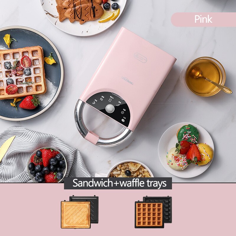 220V Sandwichera eléctrica de tiempo Waffle Maker Multi-baker tostadora hornear máquina de desayuno takoyaki Sandwichera: pink