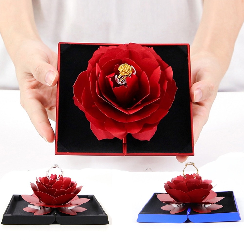 3d pop up rød rose blomst ring kasse bryllup engagement kasse smykker opbevaring holder sag