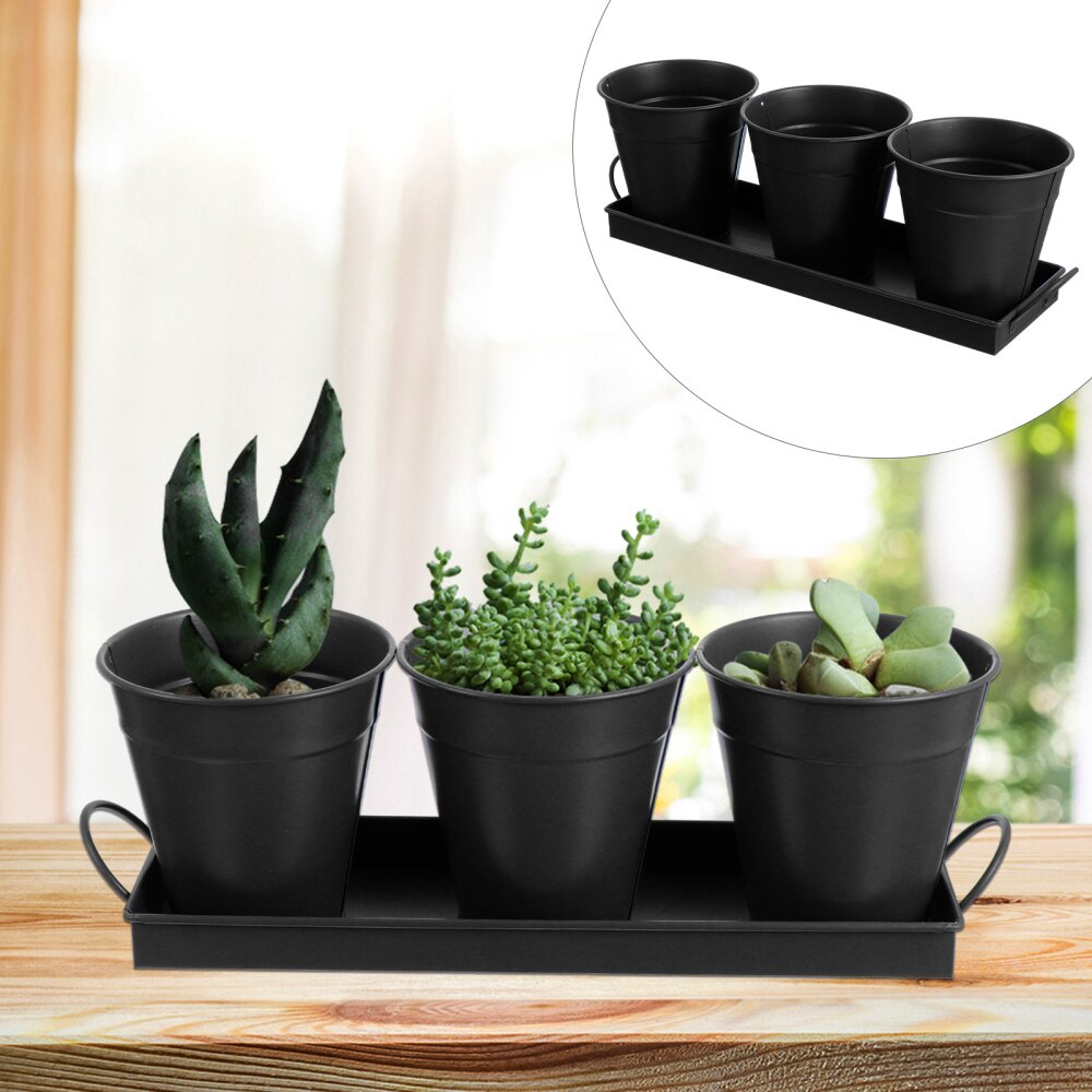 3pc Flower Iron Bucket Planter Pot with Tray Retro Flower Buckets Succulents Pot: Black