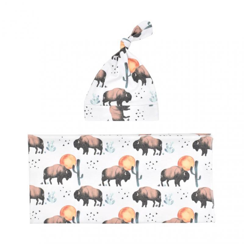 Baby Wraps Cotton Wraps Hat Set Cartoon Flower Printed Cotton Wraps Knotted Tire Cap Two-piece Set Receiving Blankets: 06