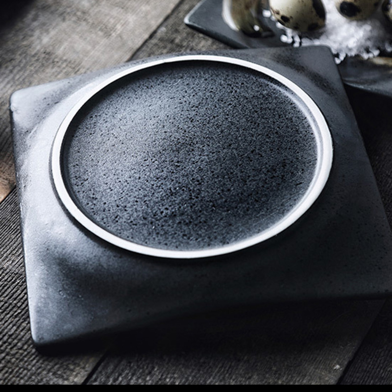 Japanese Retro Square Ceramic Tableware Black Dinner Plate Tray Dessert Steak Sushi Cake Dishes Home Restaurant Flat Plates