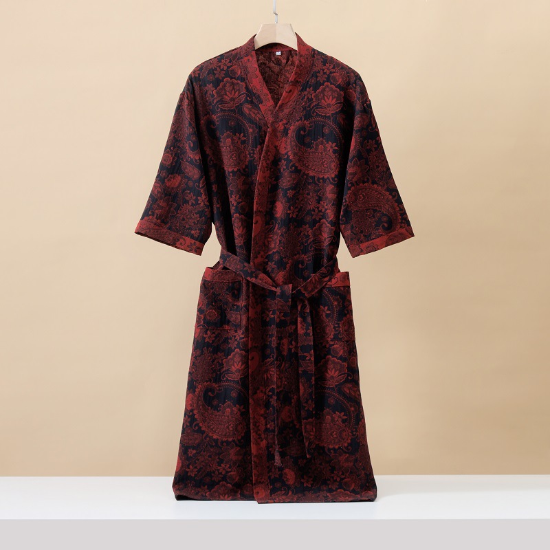 Modisch bedruckter Kimono-Bademantel aus Baumwolle mit halben Ärmeln für den Frühling und den Sommer: L / Black
