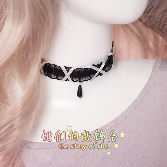 A mano hecho a mano diy suave chica Harajuku encaje cuello collar Lolita hecho a mano collar de estilo japonés gótico Adorable collar de las mujeres: Black Cross White